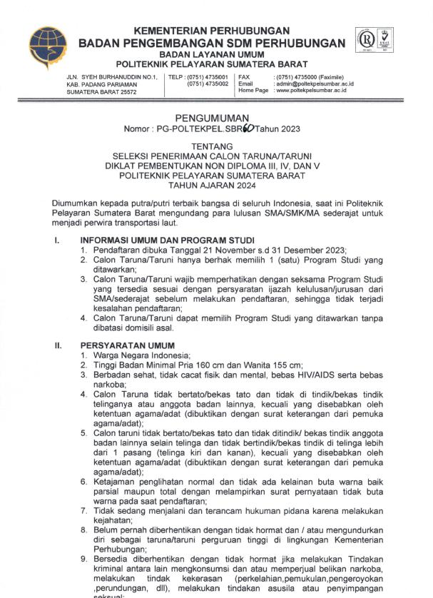 Pengumuman Penerimaan Calon Taruna/i Diklat Pembentukan Non Diploma III, IV, Dan V Politeknik Pelayaran Sumatera Barat