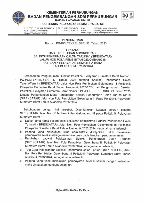 Pengumuman Hasil LULUS Administrasi (SIPENCATAR) Gelombang III Non Pola Pembibitan Politeknik Pelayaran Sumatera Barat Tahun 2023/2024